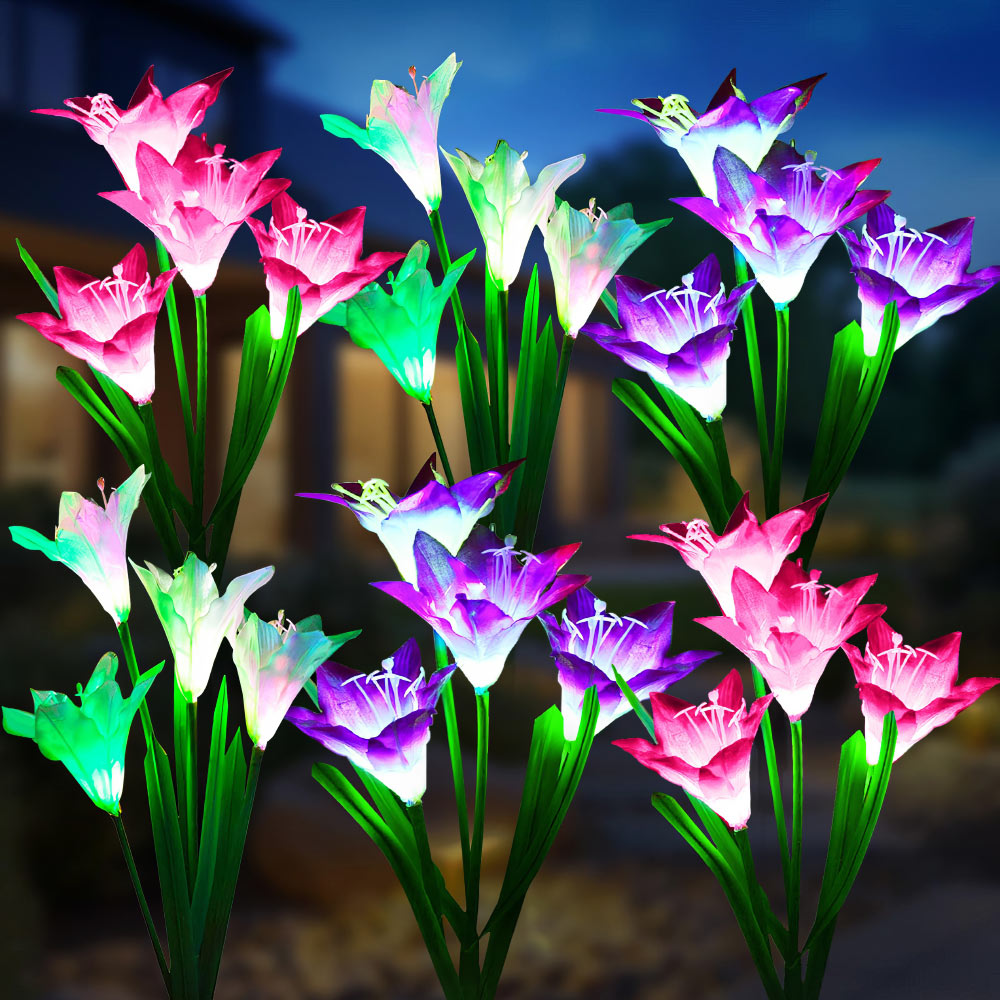 Outdoor Solar Lights, 4 Pack Solar Garden Lights with Bigger Lily Flowers, Waterproof 7 Color Changing Solar Lights Outdoor - Bigger Solar Panel for Outdoor Patio Yard Garden Decoration