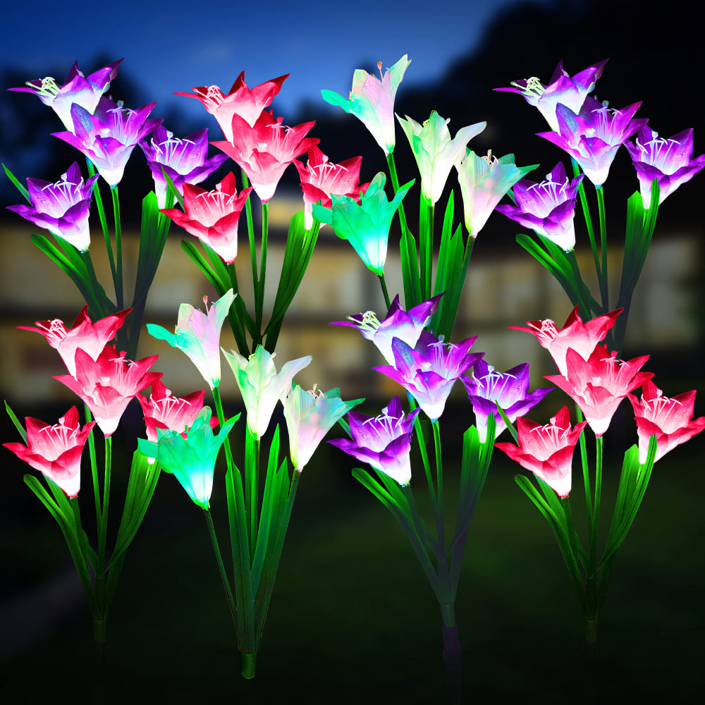 Outdoor Solar Lights, 4 Pack Solar Garden Lights with Bigger Lily Flowers, Waterproof 7 Color Changing Solar Lights Outdoor - Bigger Solar Panel for Outdoor Patio Yard Garden Decoration