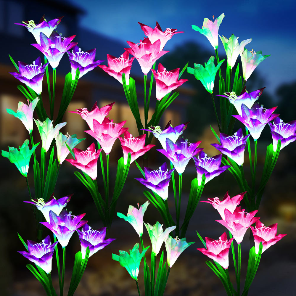 Outdoor Solar Lights, 4 Pack Solar Garden Lights with Bigger Lily Flowers, Waterproof 7 Color Changing Solar Lights Outdoor - Bigger Solar Panel for Outdoor Patio Yard Garden Decoration