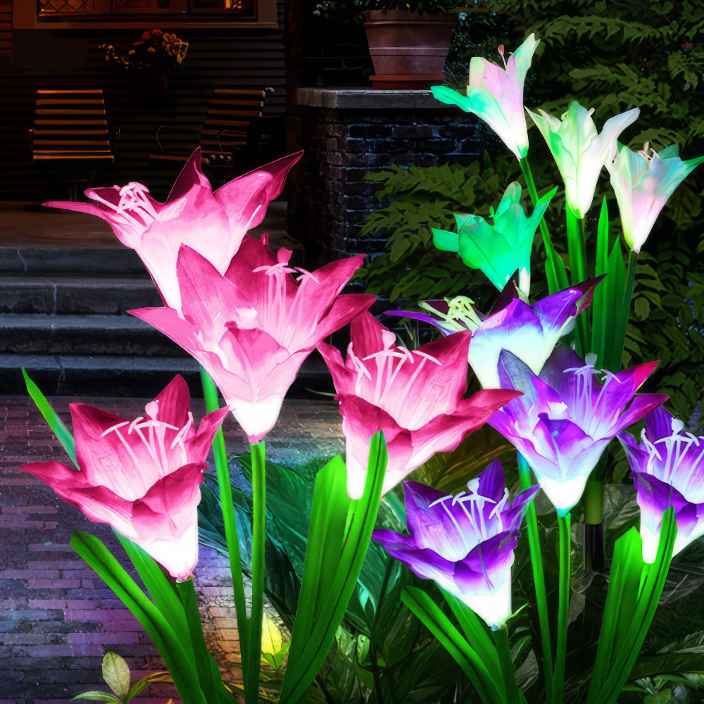 Outdoor Solar Lights, 4 Pack Solar Garden Lights with Bigger Lily Flowers, Waterproof 7 Color Changing Solar Lights Outdoor - Bigger Solar Panel for Outdoor Patio Yard Garden Decoration