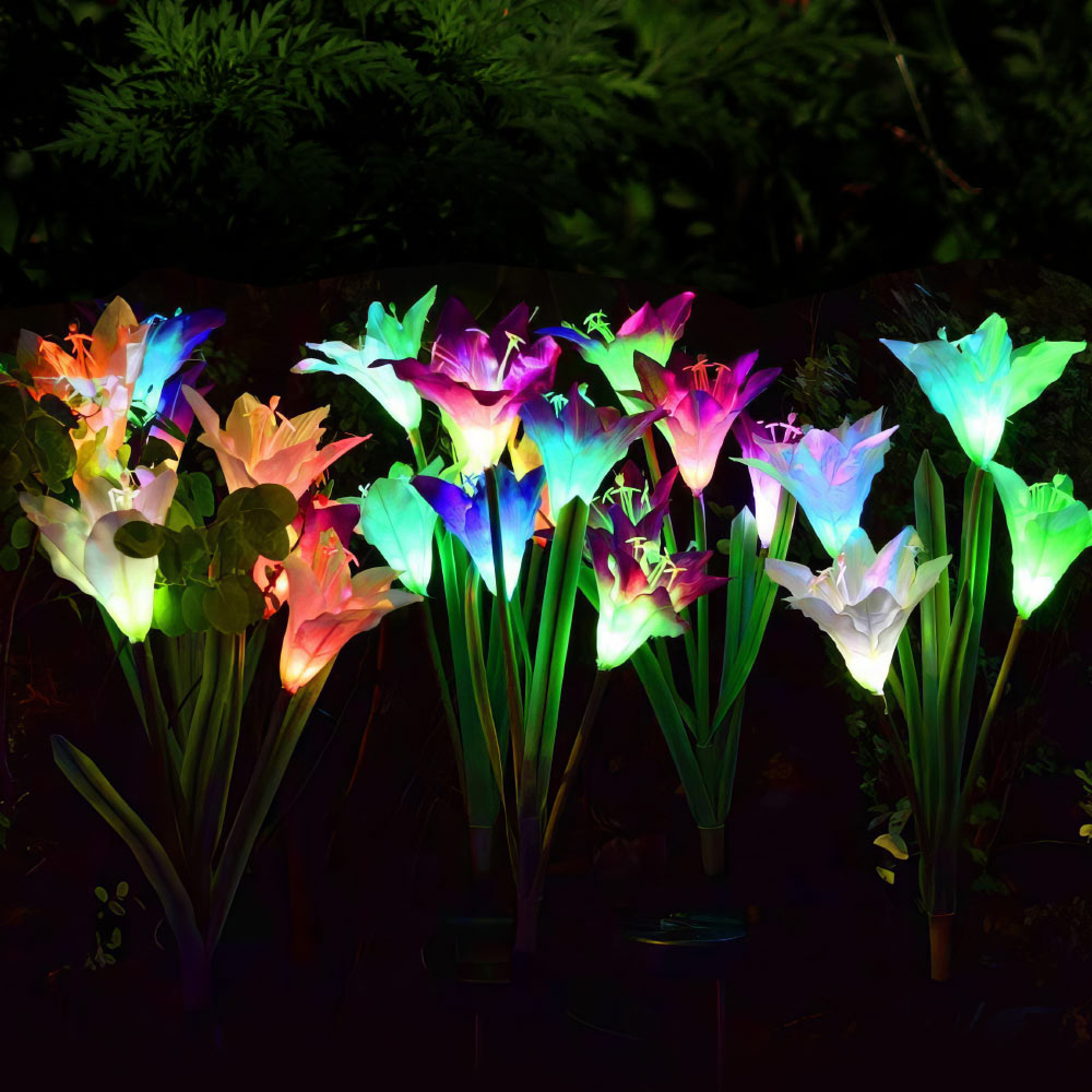 Outdoor Solar Lights, 4 Pack Solar Garden Lights with Bigger Lily Flowers, Waterproof 7 Color Changing Solar Lights Outdoor - Bigger Solar Panel for Outdoor Patio Yard Garden Decoration