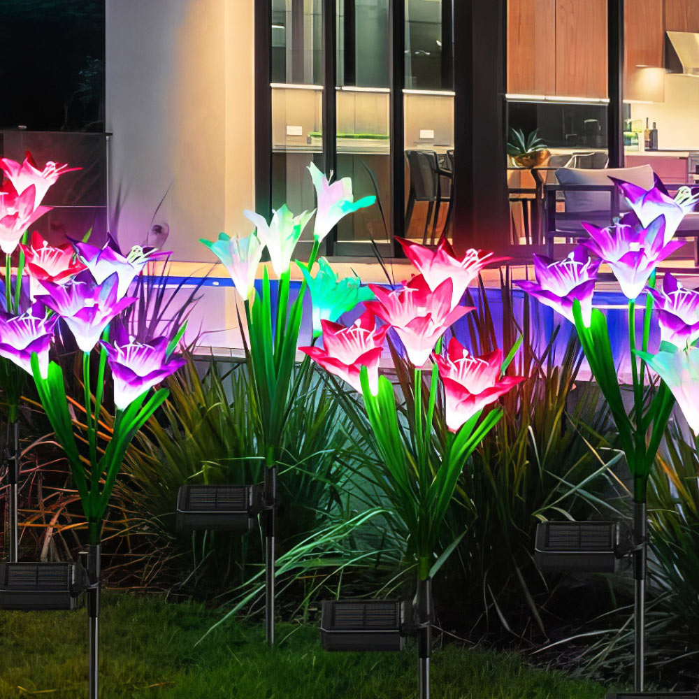 Outdoor Solar Lights, 4 Pack Solar Garden Lights with Bigger Lily Flowers, Waterproof 7 Color Changing Solar Lights Outdoor - Bigger Solar Panel for Outdoor Patio Yard Garden Decoration