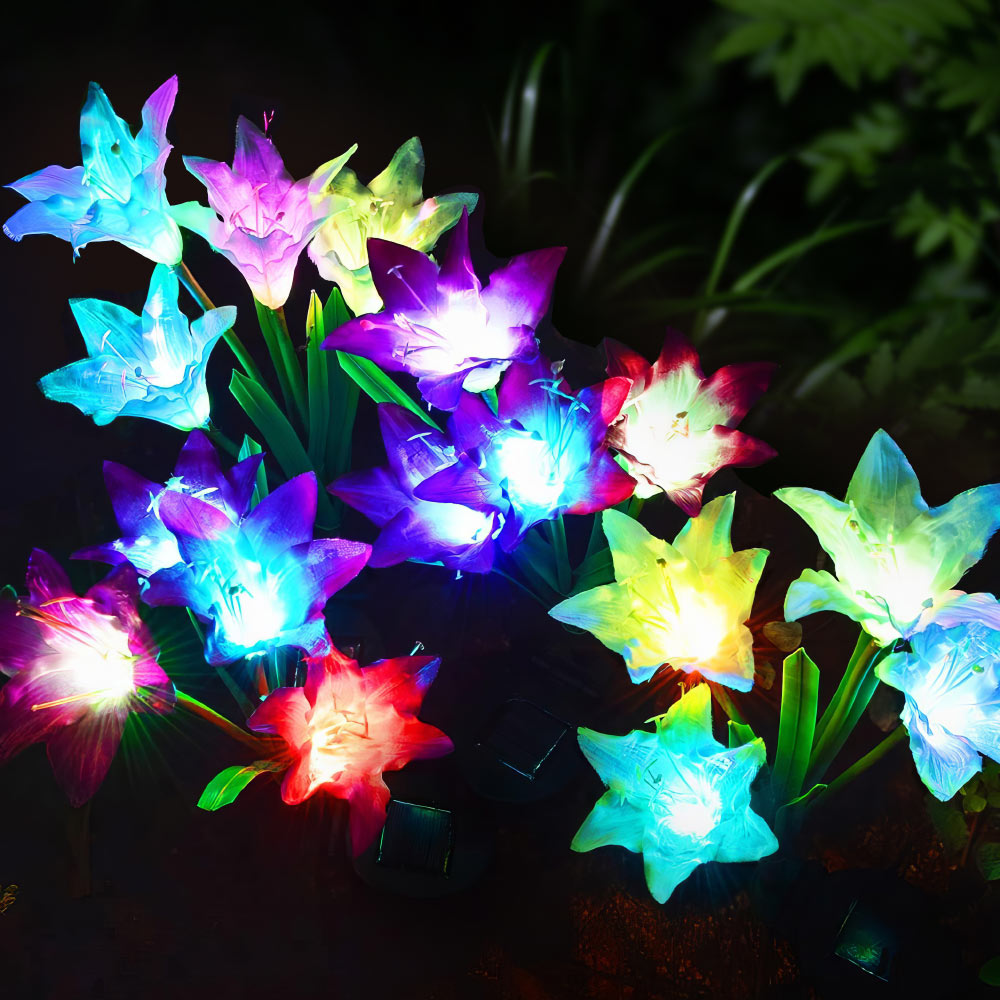Outdoor Solar Lights, 4 Pack Solar Garden Lights with Bigger Lily Flowers, Waterproof 7 Color Changing Solar Lights Outdoor - Bigger Solar Panel for Outdoor Patio Yard Garden Decoration