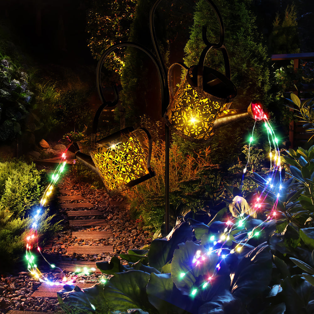 Solar Watering Can Lights Outdoor with 8 Multi-Color Changing Modes, IP65 Waterproof Landscape Light Garden Decor, One Pole Two Lights Outside Decorations for Lawn