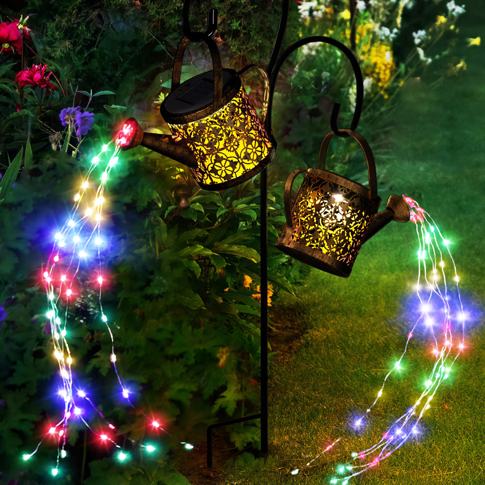 Solar Watering Can Lights Outdoor with 8 Multi-Color Changing Modes, IP65 Waterproof Landscape Light Garden Decor, One Pole Two Lights Outside Decorations for Lawn
