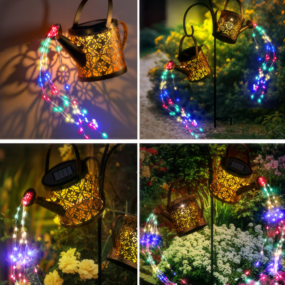 Solar Watering Can Lights Outdoor with 8 Multi-Color Changing Modes, IP65 Waterproof Landscape Light Garden Decor, One Pole Two Lights Outside Decorations for Lawn